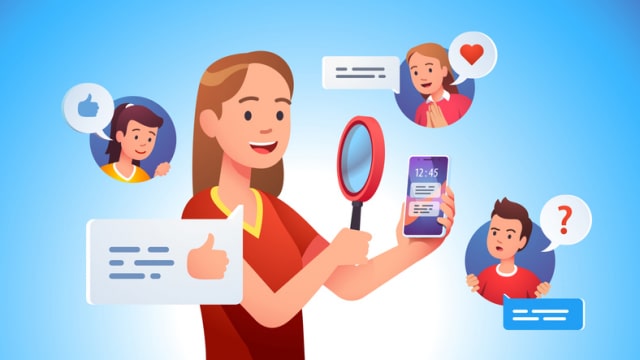 Video review concept. Blogger person doing modern smart phone review looking at it with magnifying glass. Tech reviewer woman doing job. Flat style vector character illustration