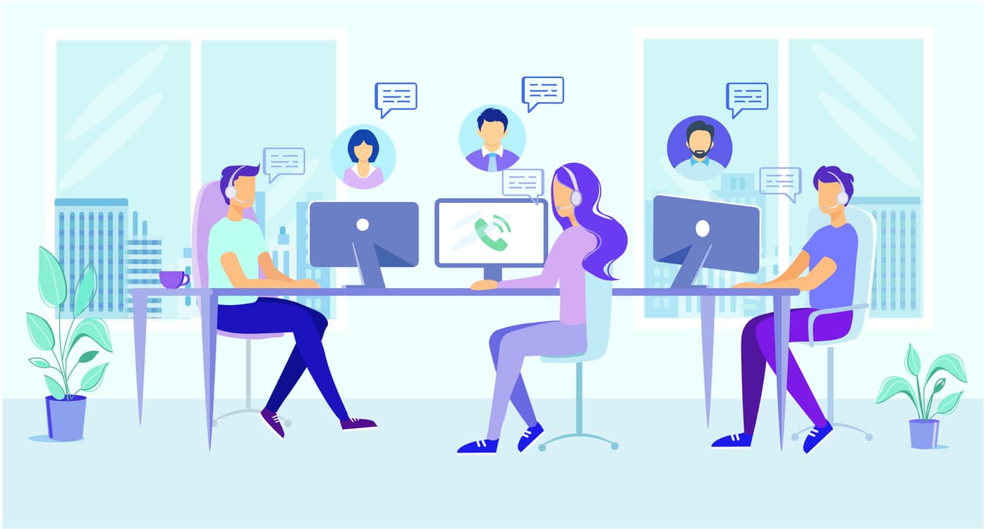 Call Center Office People Work. Man Woman in Headphone Headset Answer Client Call Vector Illustration. Online Technical Support. Hotline Helpline Team. Customer Help. Internet Chat Communication
