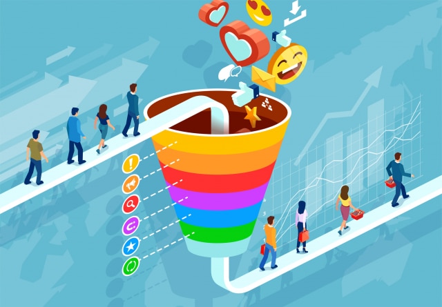 Illustration of an isometric funnel infographic showing customer retention strategy
