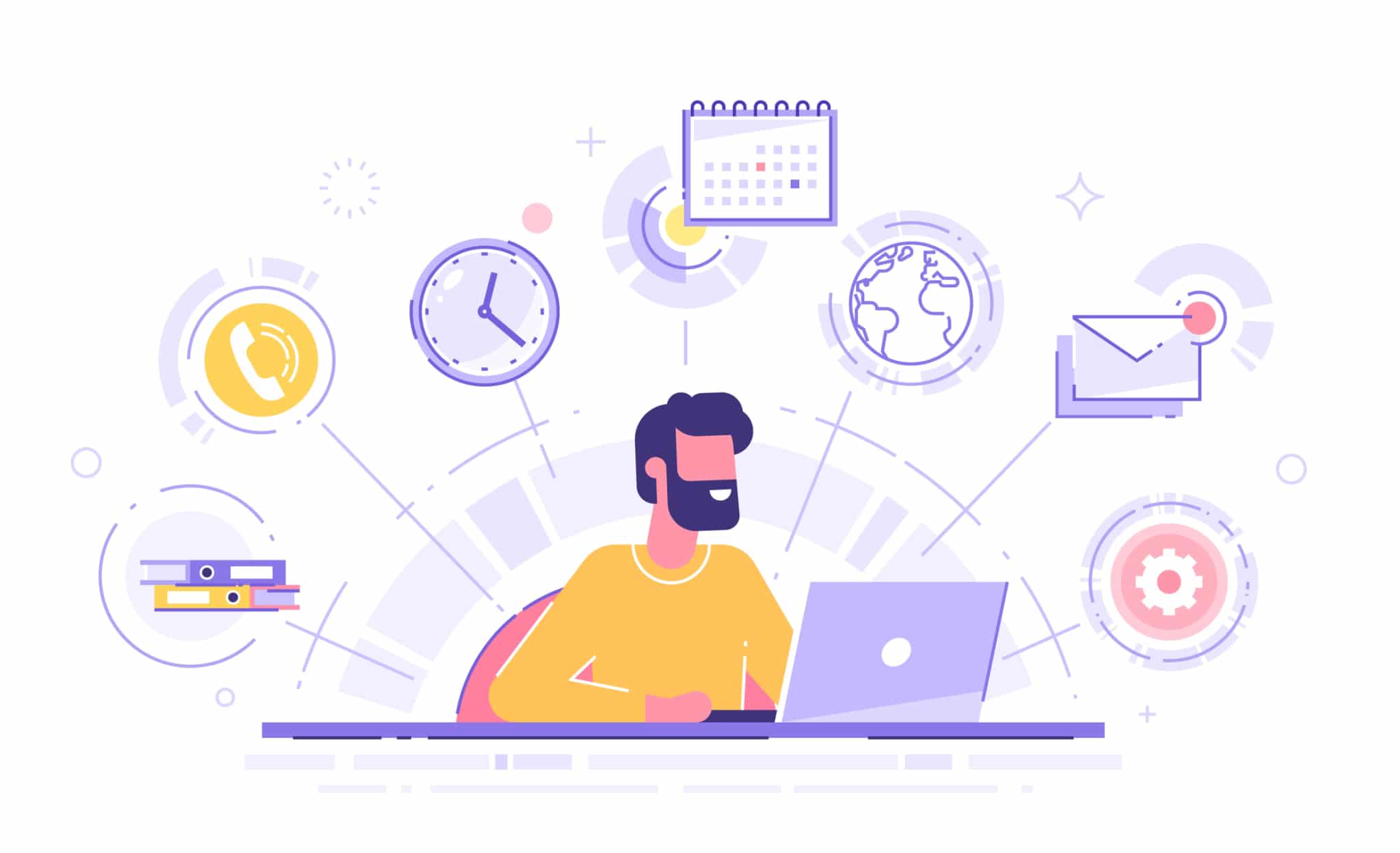 Happy business man with multitasking skills sitting at his laptop with office icons on a background. Freelance worker. Multitasking, time management and productivity concept. Vector illustration.-568
